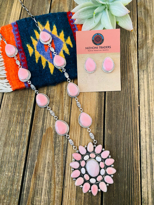 Handcrafted Pink Conch And Sterling Silver Necklace Earrings Set Signed Phyllis Smith