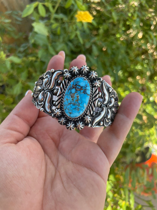 Handcrafted Turquoise & Sterling Silver Cuff Bracelet Signed Rick Werito