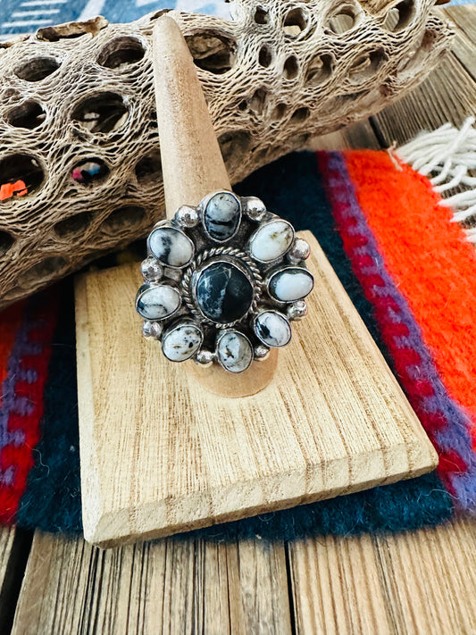 Handcrafted Sterling Silver And White Buffalo Cluster Adjustable Ring