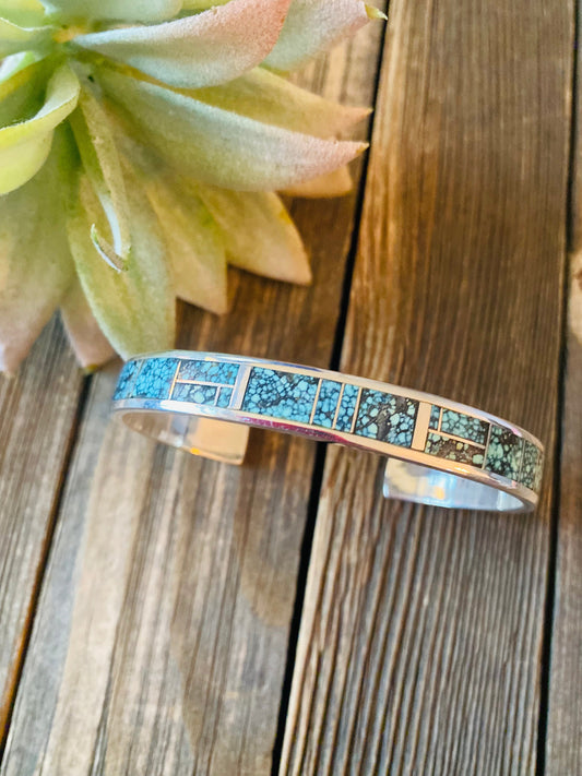 Handcrafted Kingman Spiderweb Turquoise & Sterling Silver Inlay Cuff Bracelet