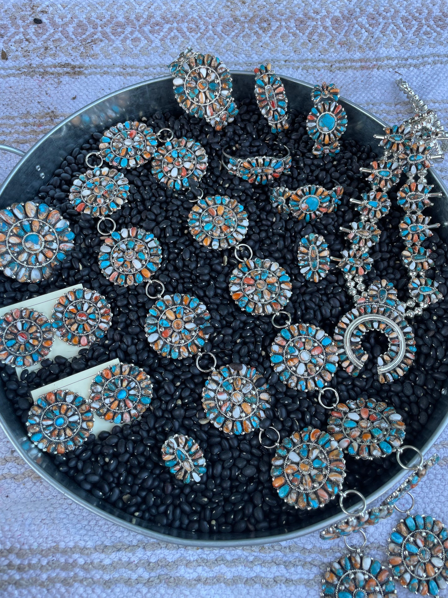Handcrafted Multi Stone Spice Mojave Cluster And Sterling Silver Silver Belt, Signed TW
