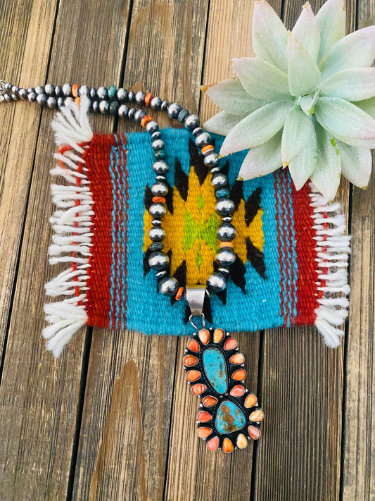 Handcrafted Sterling Silver, Turquoise & Spiny Oyster Beaded Necklace by Sheila Becenti
