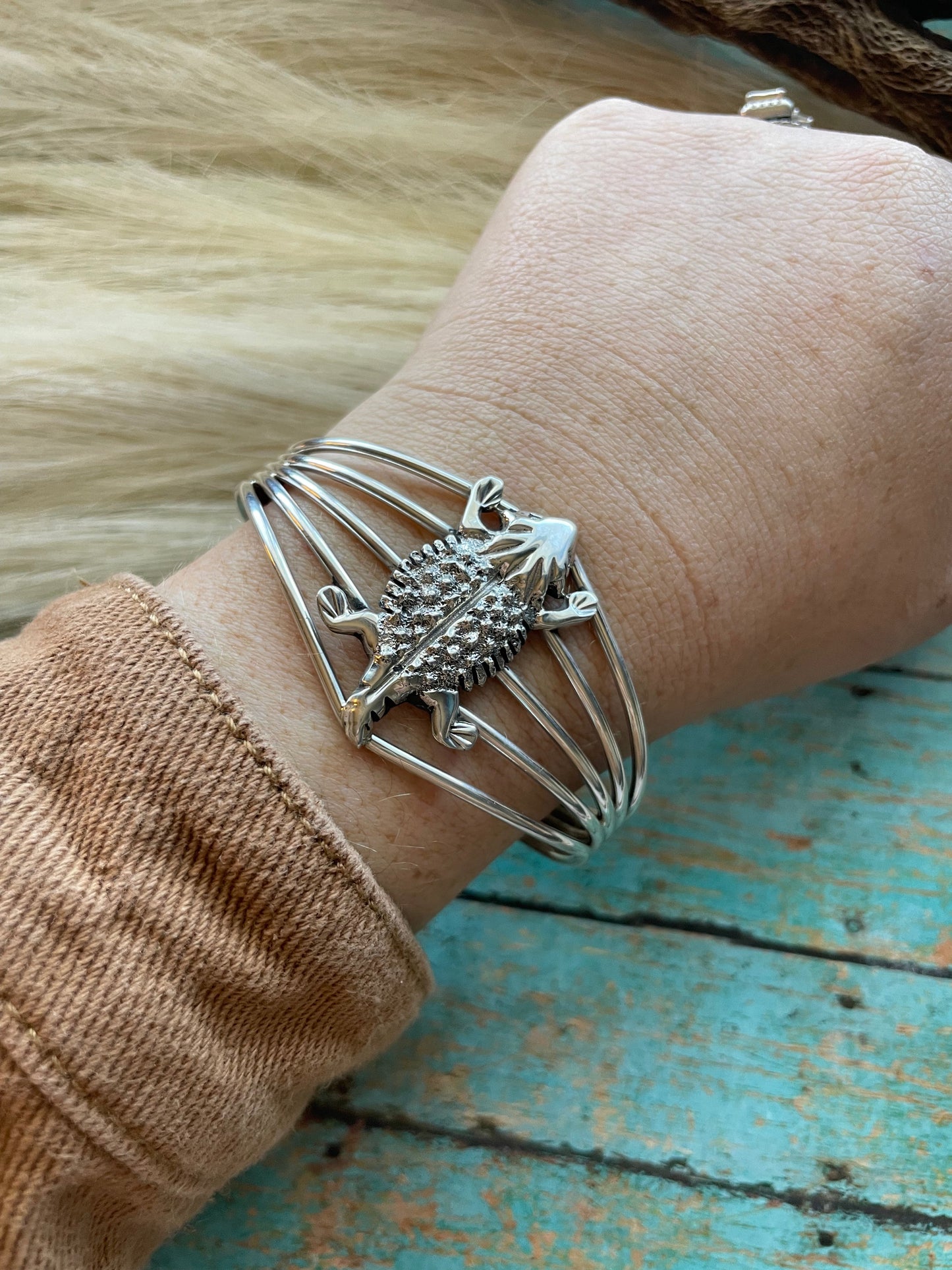 Handcrafted Sterling Silver Horny Toad Cuff Bracelet Signed