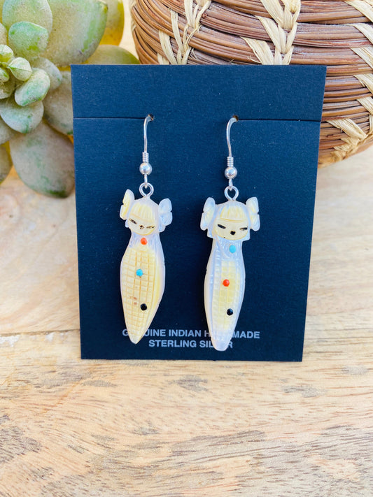 Vintage Handcrafted Hand Carved Mother of Pearl Corn Maiden Fetish Earrings