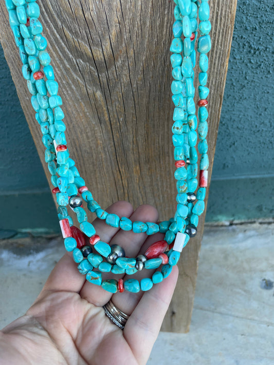 Handcrafted Turquoise & Sterling Silver 5 Strand Beaded Necklace