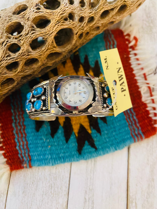 Old Pawn Vintage Handcrafted Kingman Turquoise & Sterling Silver Watch Cuff