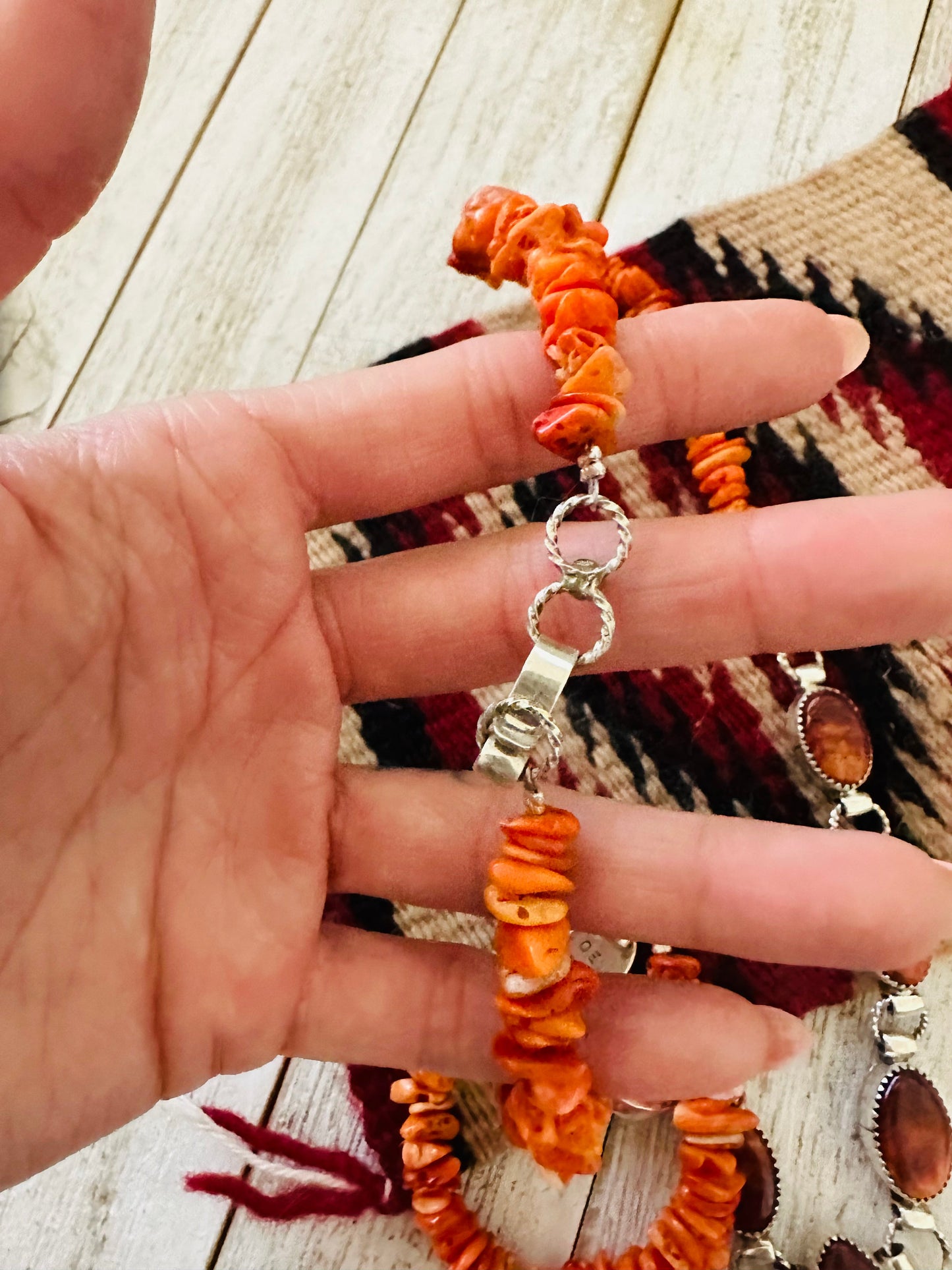 Handcrafted Sterling Silver & Orange Spiny Beaded Naja Necklace