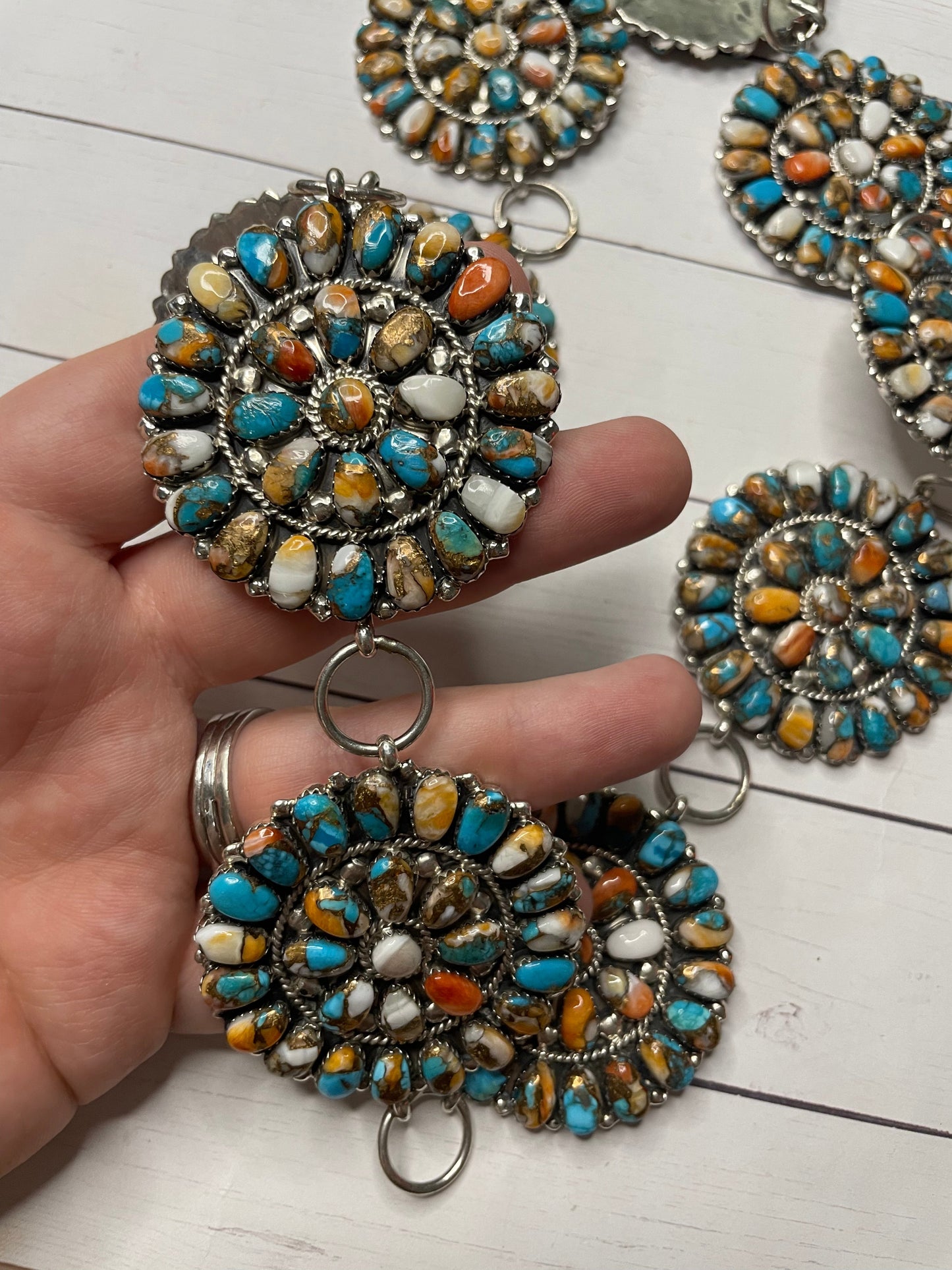 Handcrafted Multi Stone Spice Mojave Cluster And Sterling Silver Silver Belt, Signed TW