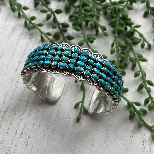 “The 4 Row Cuff” Sterling Silver Blue Fire Opal Cuff Bracelet /