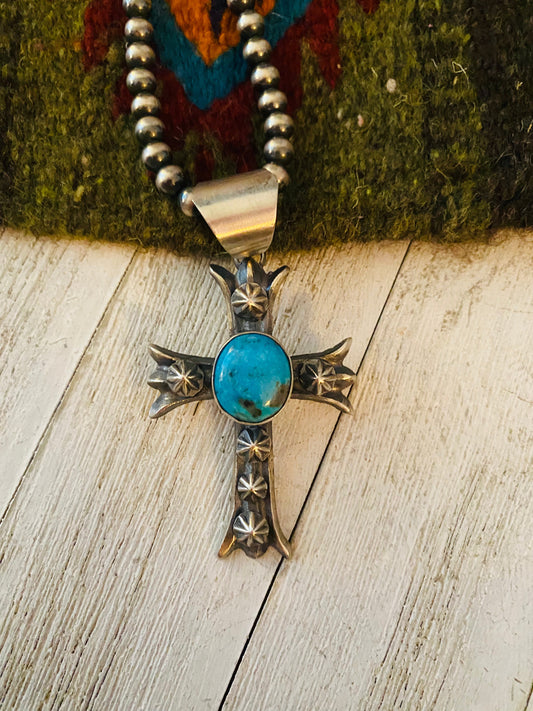 Handcrafted Sterling Silver & Turquoise Cross Pendant By Chimney Butte