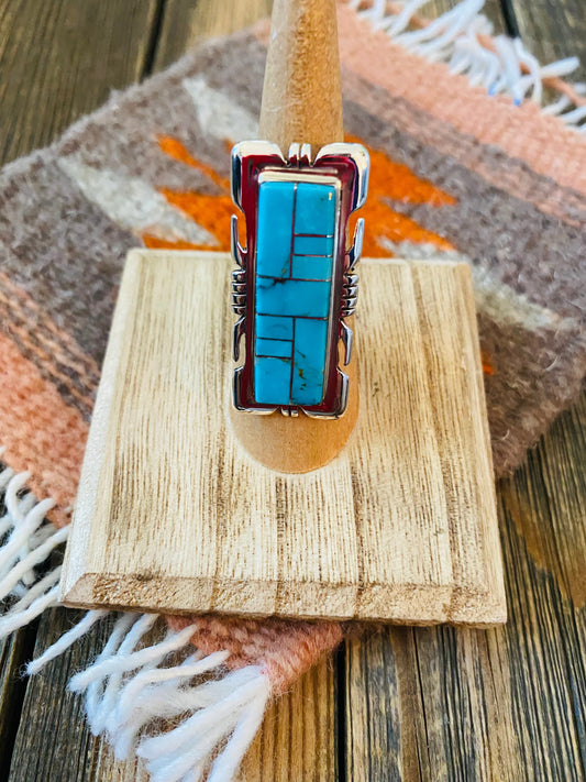 Handcrafted Sterling Silver & Turquoise Inlay Ring Size 6.5