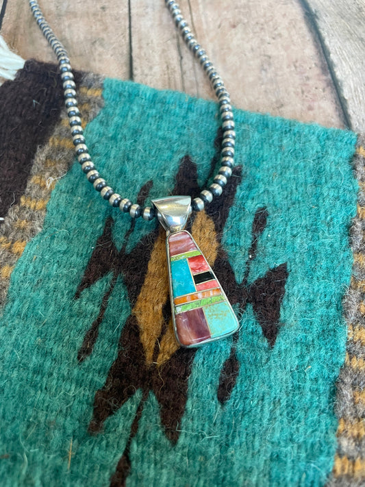 Handcrafted Multi Stone Inlay & Sterling Silver Pendant Signed