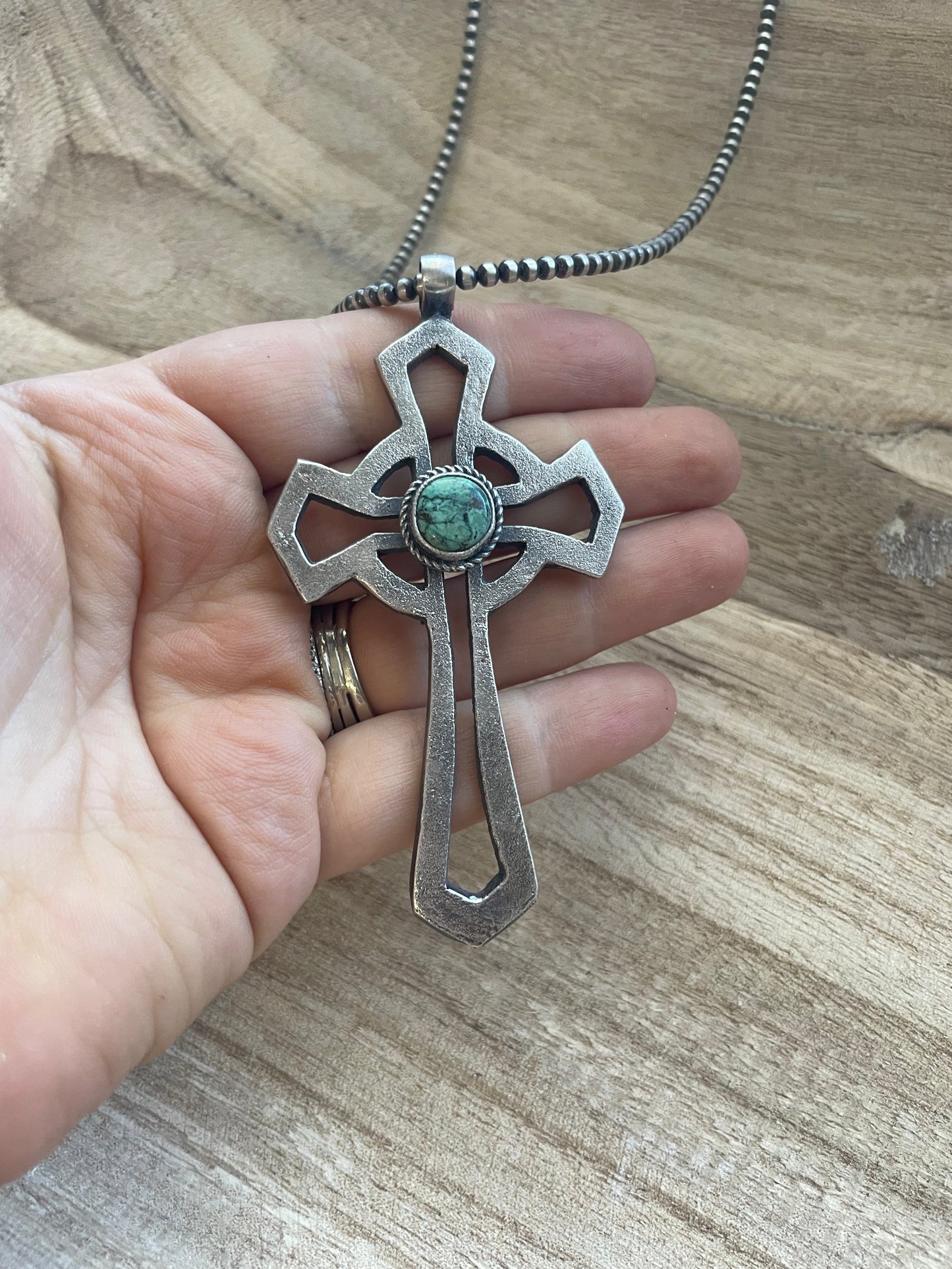 Handcrafted Sterling Silver & Turquoise Cross Pendant Signed Eugene Mitchell