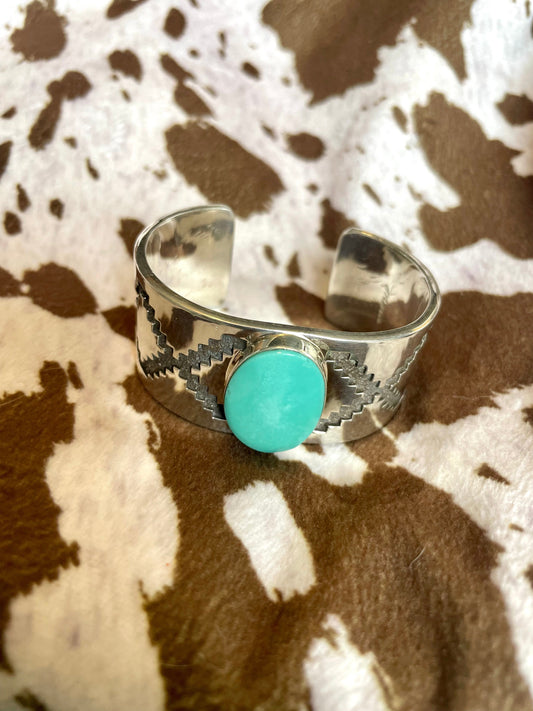 Handcrafted Kingman Turquoise And Sterling Silver Cuff Bracelet