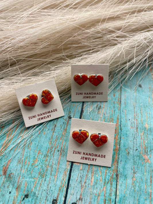 Handcrafted Sterling Silver & Orange Opal Inlay Heart Stud Earrings