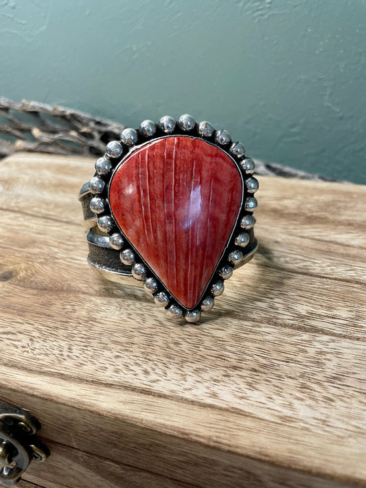 Handcrafted Orange Spiny And Sterling Silver Cuff Bracelet