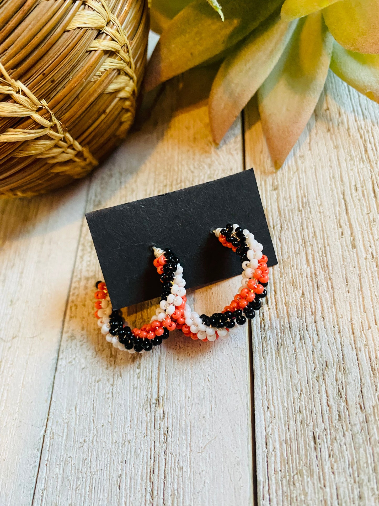 Handcrafted Handmade Beaded Hoop Earrings- orange