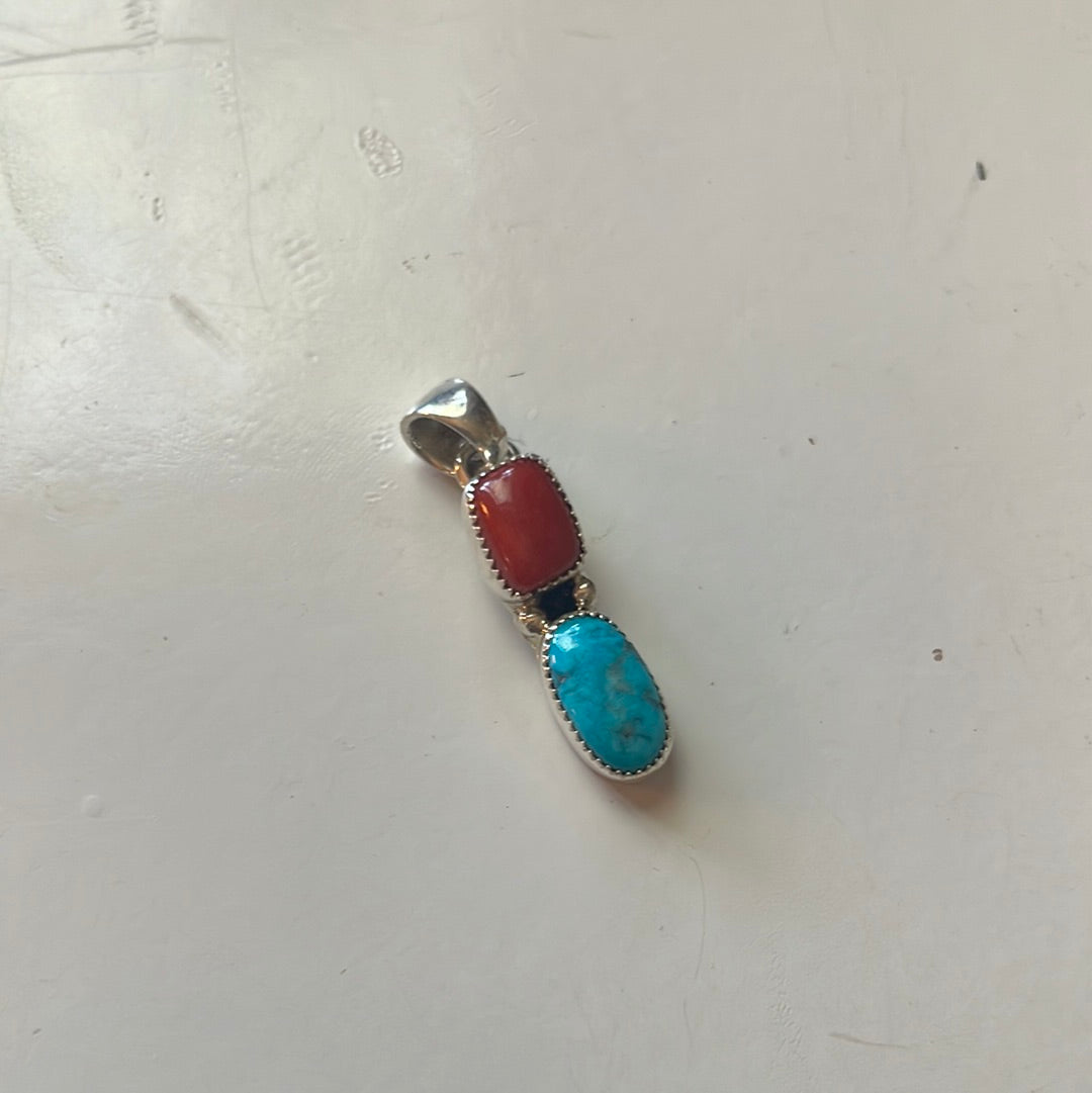 Navajo Sterling Silver, Coral & Turquoise 2 Stone Pendant