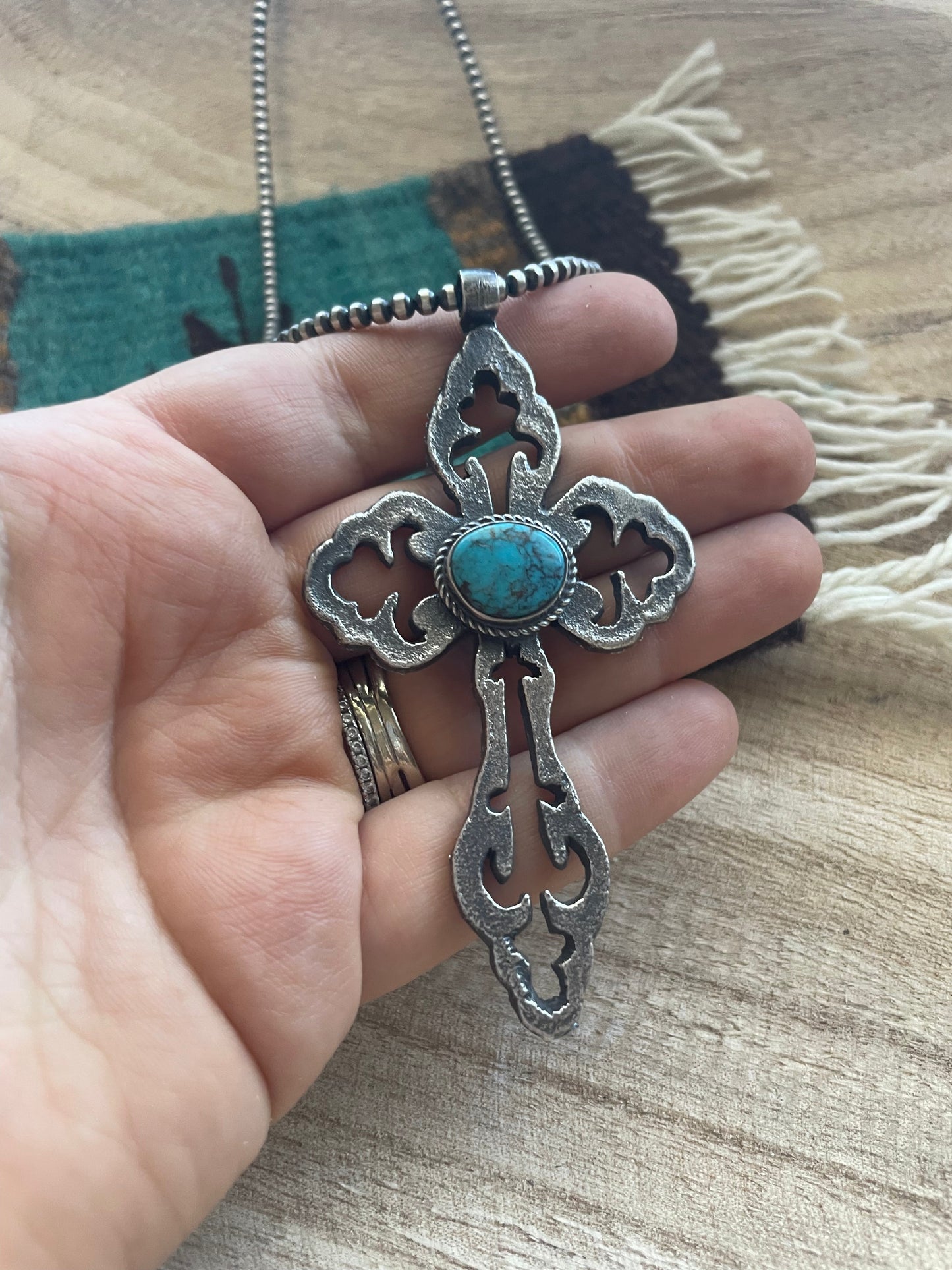 Handcrafted Sterling Silver & Turquoise Cross Pendant Signed Eugene Mitchell