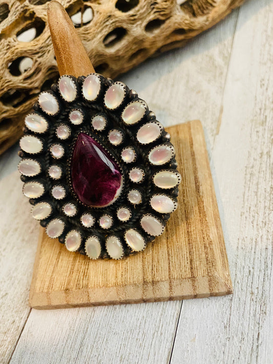 Handcrafted Sterling Silver, Mother of Pearl & Purple Spiny Cluster Adjustable Ring