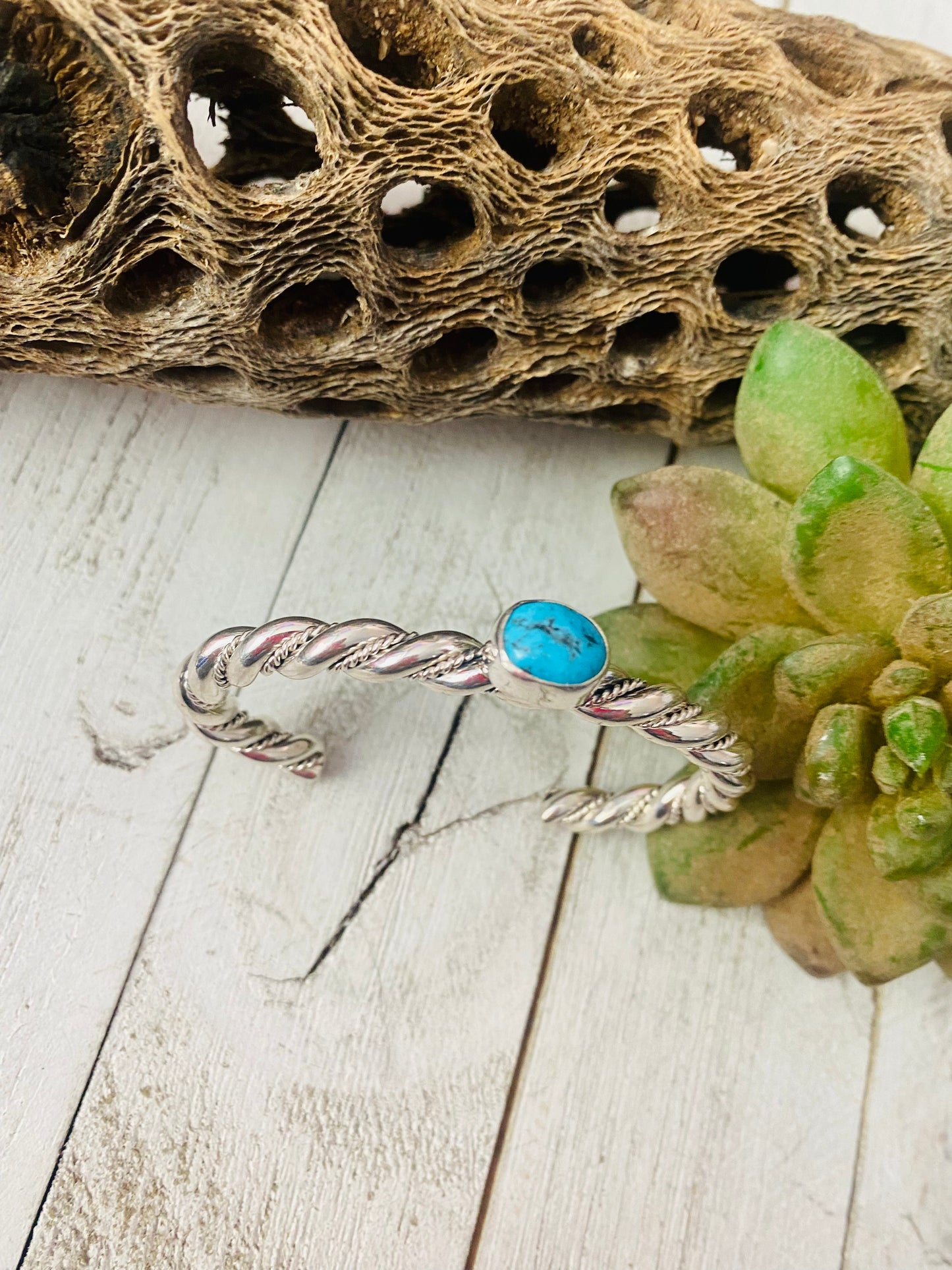 Handcrafted Twisted Sterling Silver & Kingman Turquoise Cuff Bracelet