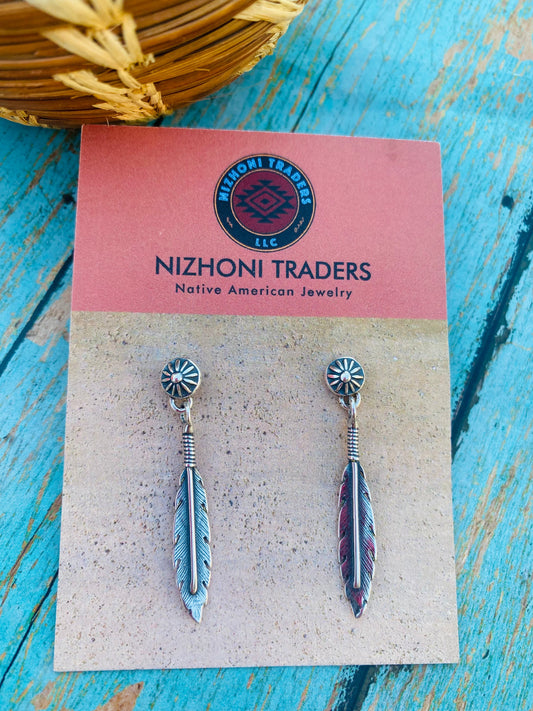 Handcrafted Sterling Silver Concho Feather Dangle Earrings