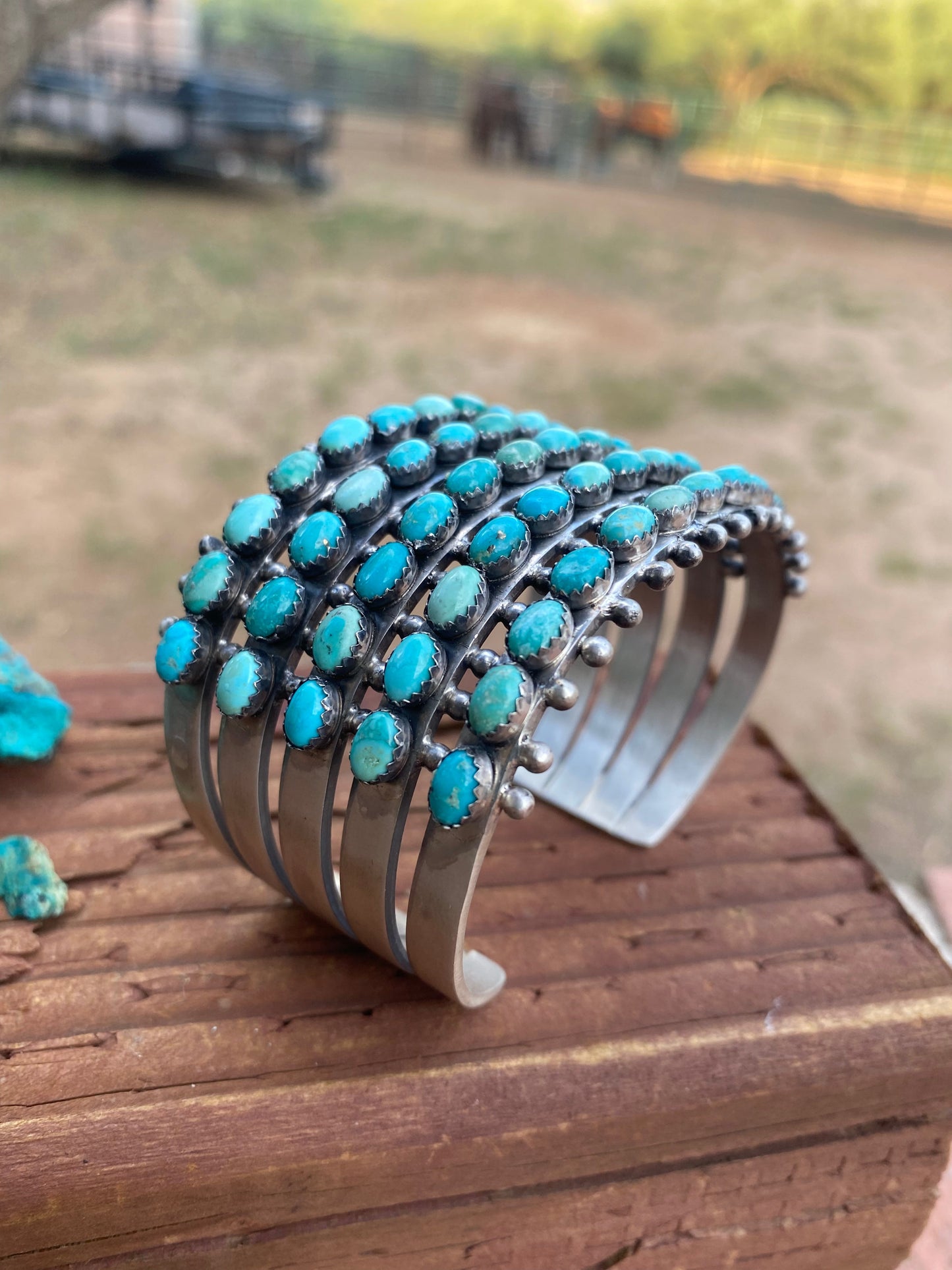 Mark Yazzie Handcrafted Sterling Silver & Carico Lake Turquoise Cuff Bracelet Signed /