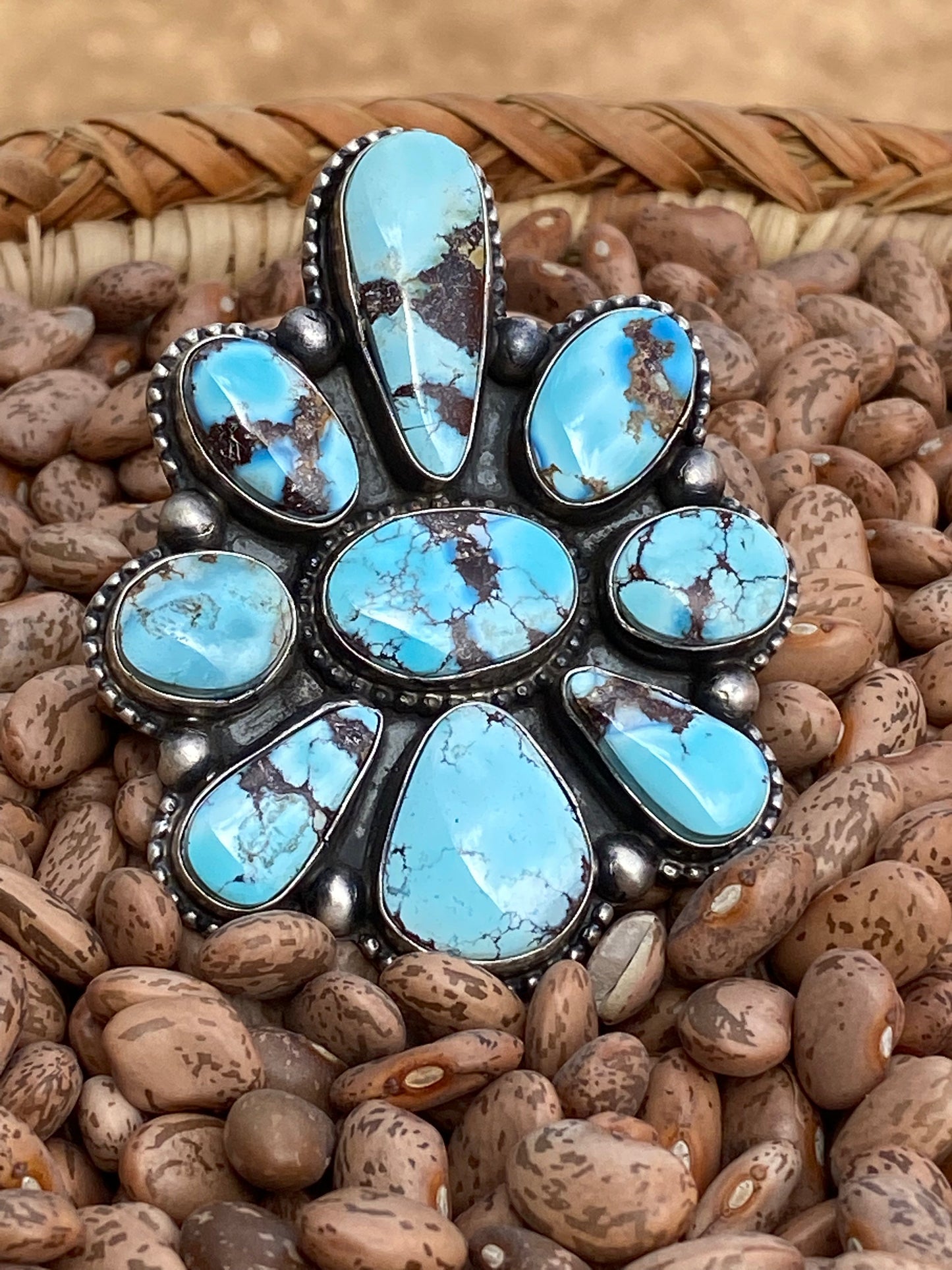 Handcrafted Golden Hills Turquoise & Sterling Silver Size  6.5 Signed Bobby Johnson