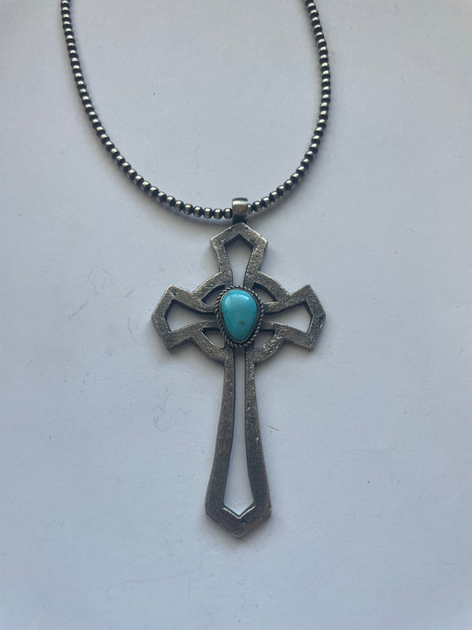 Handcrafted Sterling Silver & Turquoise Cross Pendant Signed Eugene Mitchell