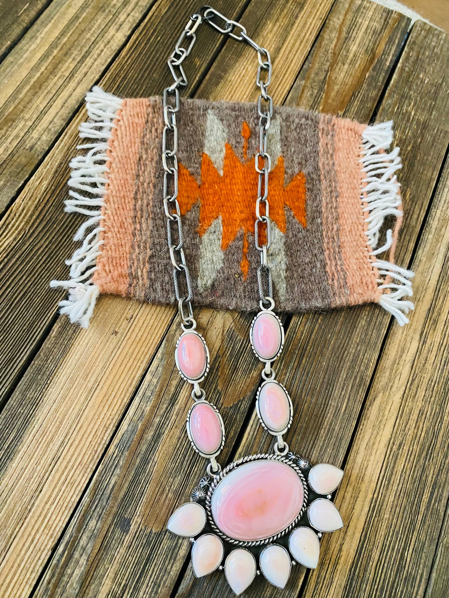 Handcrafted Queen Pink Conch Shell And Sterling Silver Cluster Necklace