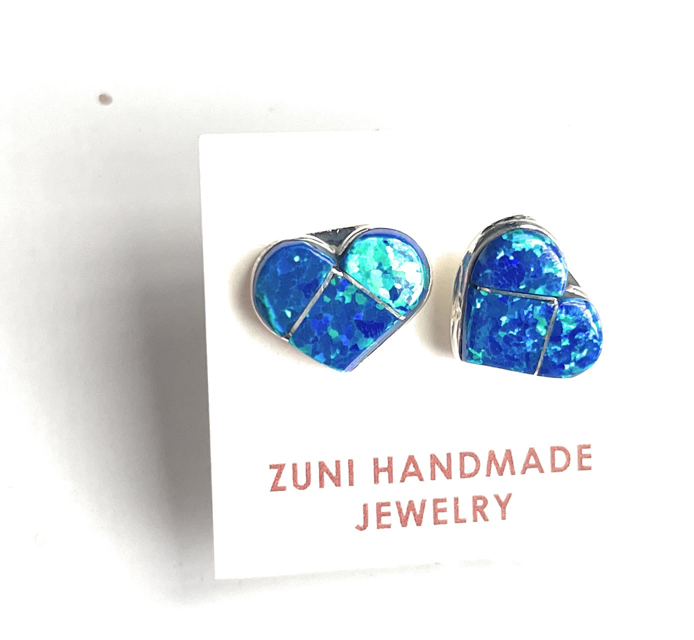 Handcrafted Sterling Silver & Blue Opal Inlay Heart Stud Earrings
