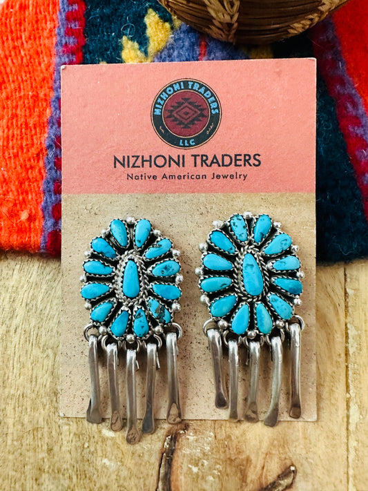 Handcrafted Sterling Silver & Turquoise Cluster Dangle Earrings