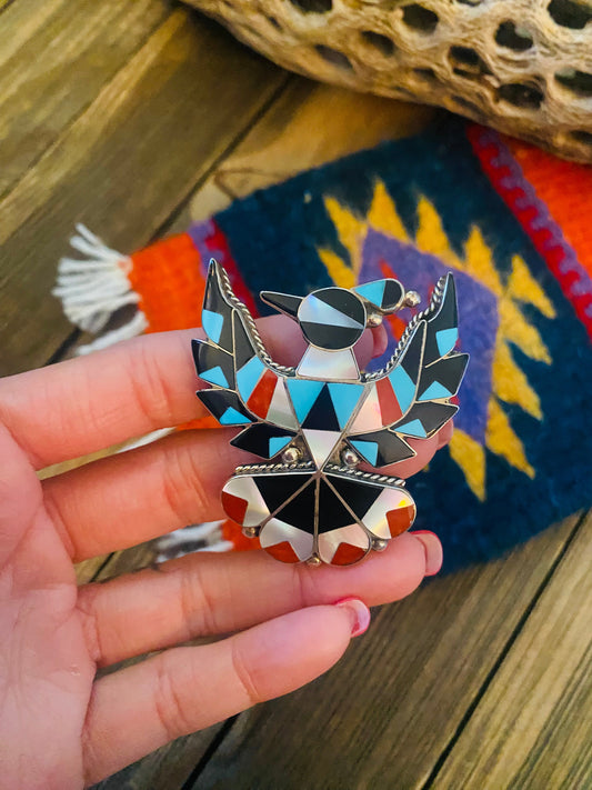 Old Pawn Vintage Zuni Multi Stone & Sterling Silver Inlay Thunderbird Pin/Pendant
