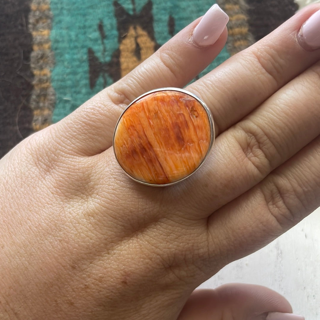 Handcrafted Sterling Silver & Orange Spiny Ring Size 7