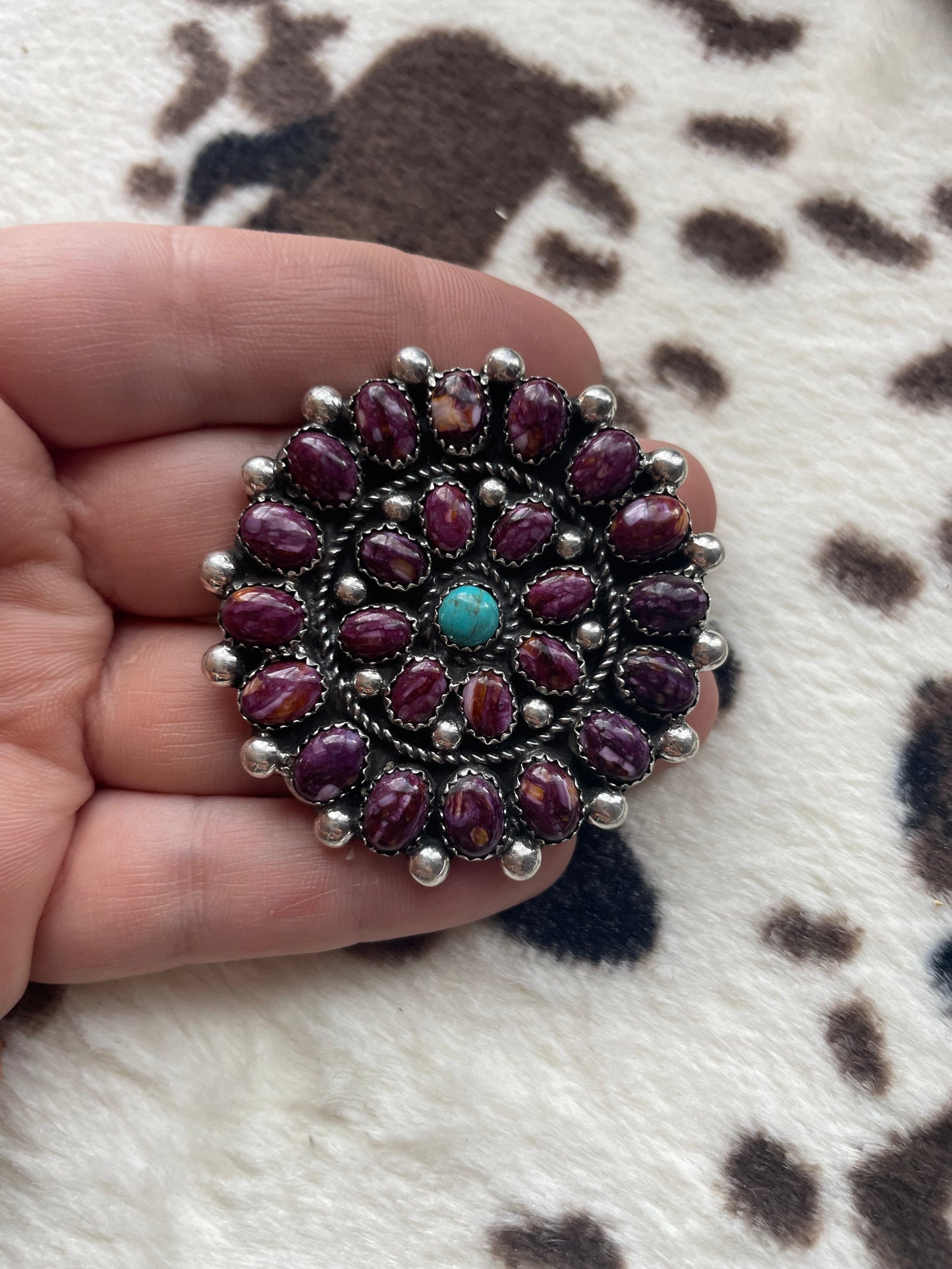 Handcrafted Turquoise And Purple Spiny Sterling Silver Adjustable Ring