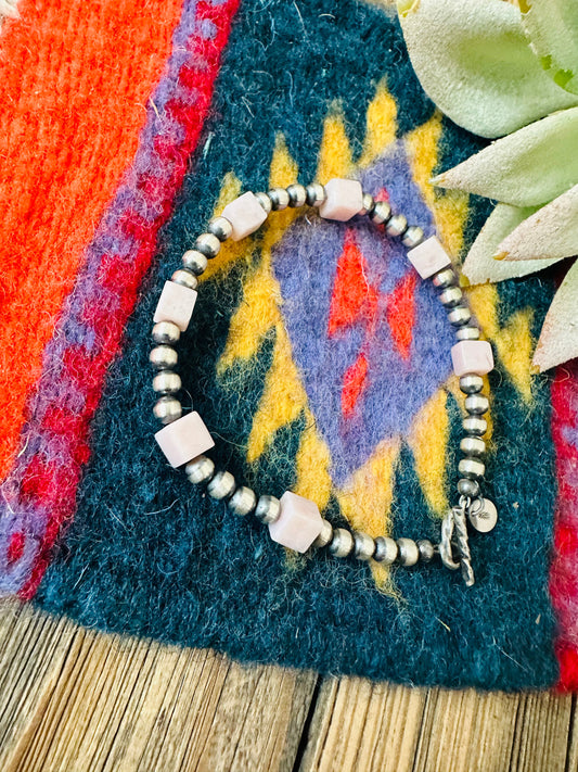 Handcrafted Queen Pink Conch Shell & Sterling Silver Beaded Bracelet