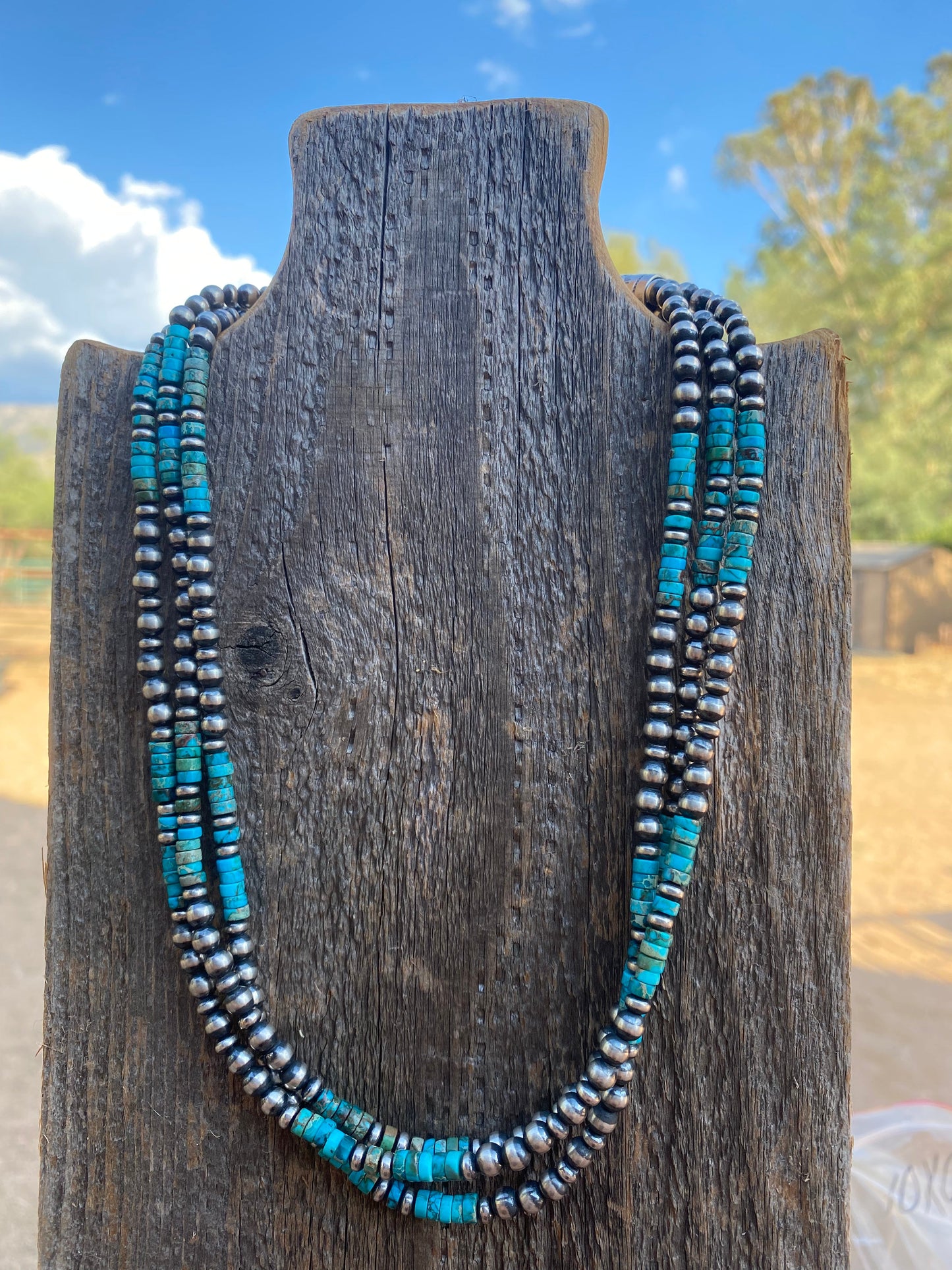 Navajo 3 Strand Kingman Turquoise & Sterling Beaded 18 inches