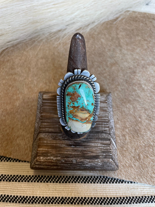 Handcrafted Turquoise & Sterling Silver Ring Size 8.5 Signed Russell Sam