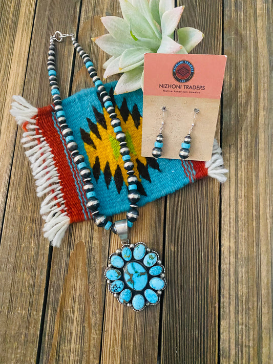 Handcrafted Sterling Silver & Kingman Turquoise Beaded Necklace Set