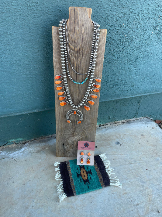 Handcrafted Orange Spiny And Sterling Silver Squash Blossom Necklace & Earrings Set By Selena Warner