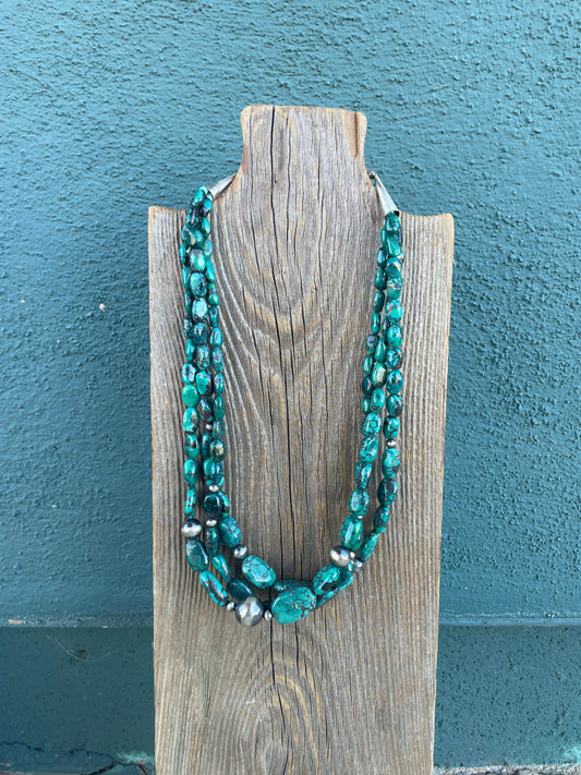 Handcrafted Turquoise & Sterling Silver 3 Strand Beaded Necklace