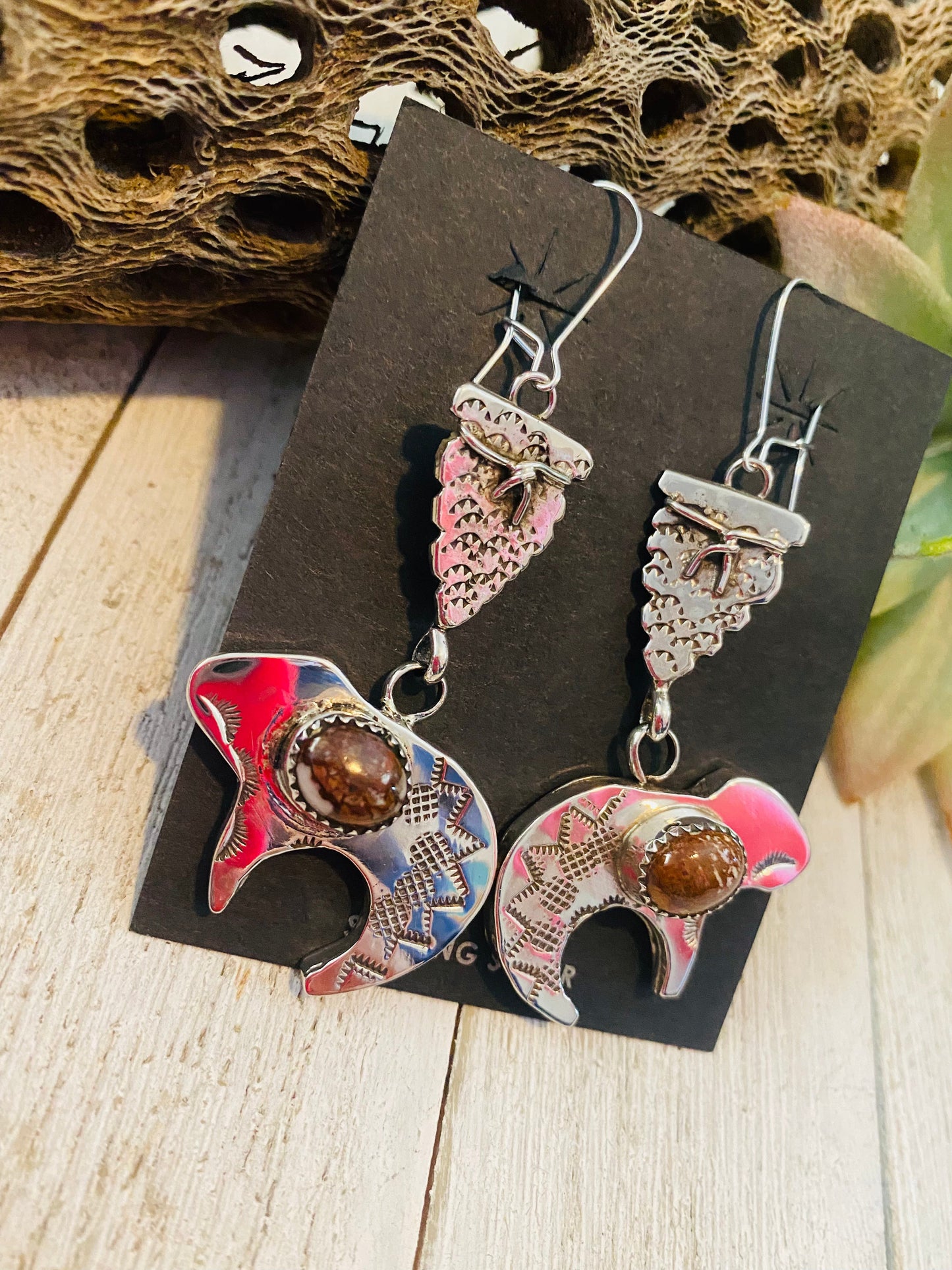 Handcrafted Wild Horse & Sterling Silver Fetish Bear Dangle Earrings