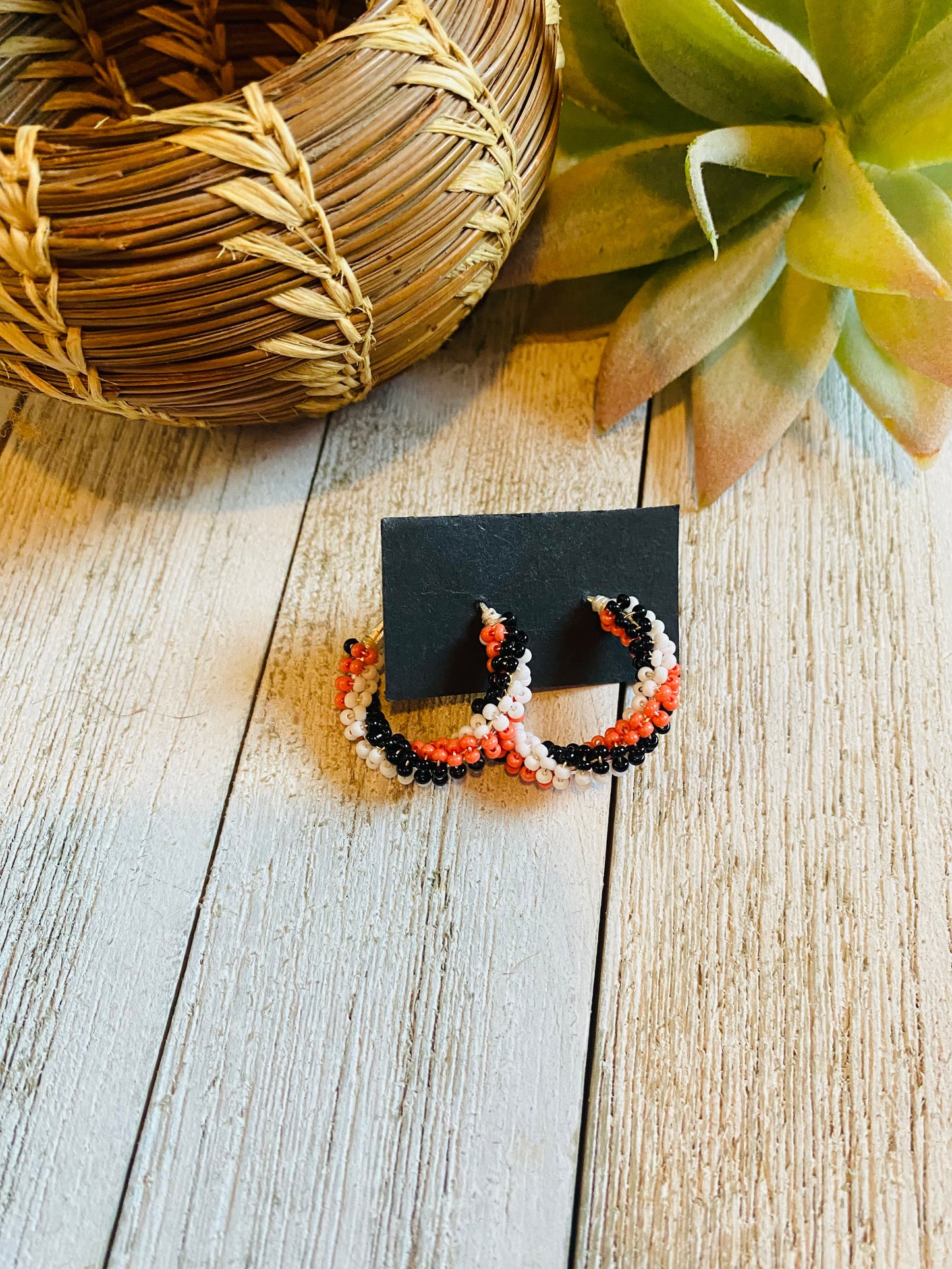Handcrafted Handmade Beaded Hoop Earrings- orange