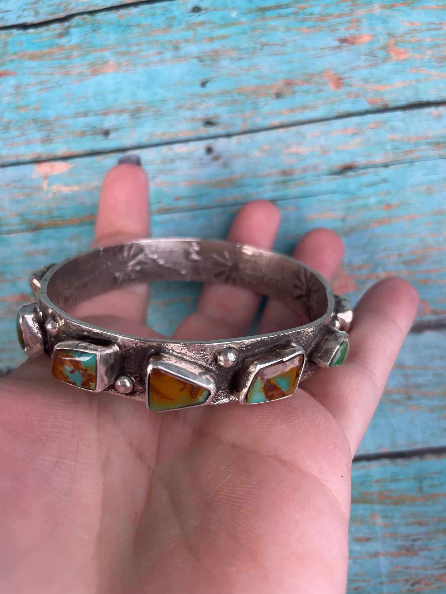 Handcrafted Native Royston Turquoise Sterling Silver  Bangle By Jude Candeleria