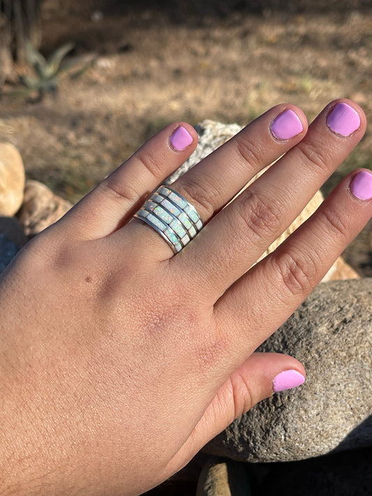 Handcrafted White Fire Opal 4 Row Stacker