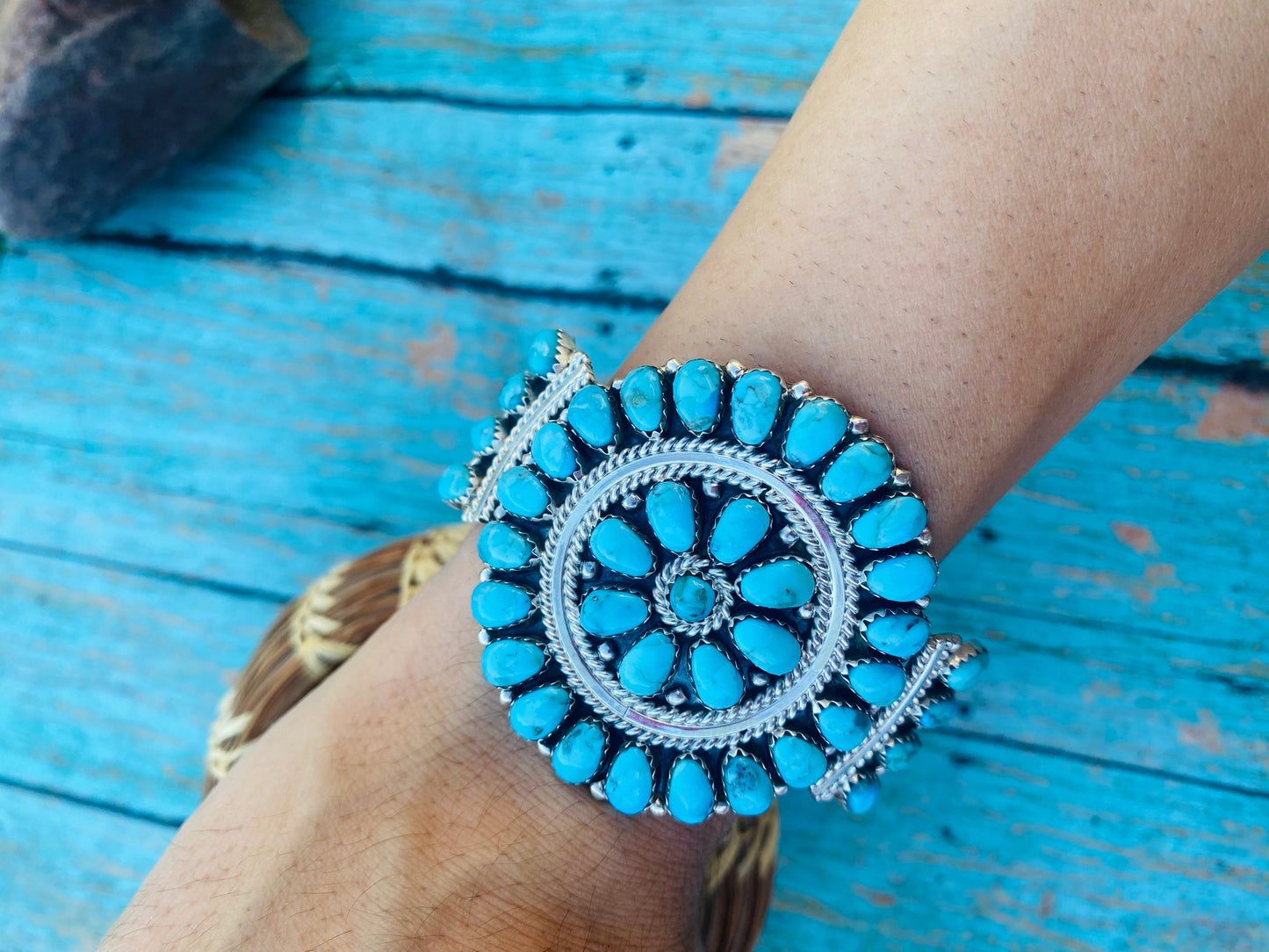 Handcrafted Kingman Turquoise & Sterling Silver Cluster Bracelet Cuff /