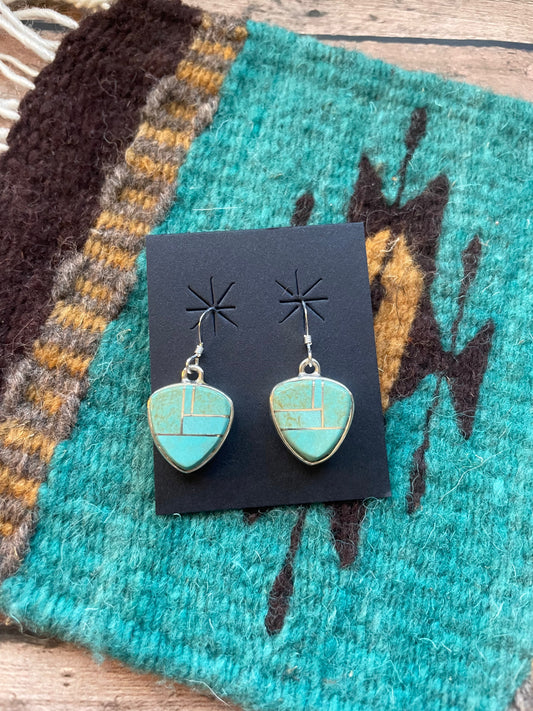 Handcrafted Number 8 Turquoise & Sterling Silver Inlay Dangle Earrings Signed