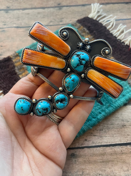 Handcrafted Kingman Turquoise, Spiny & Sterling Silver Dragonfly Cuff Bracelet Signed Kevin Billah