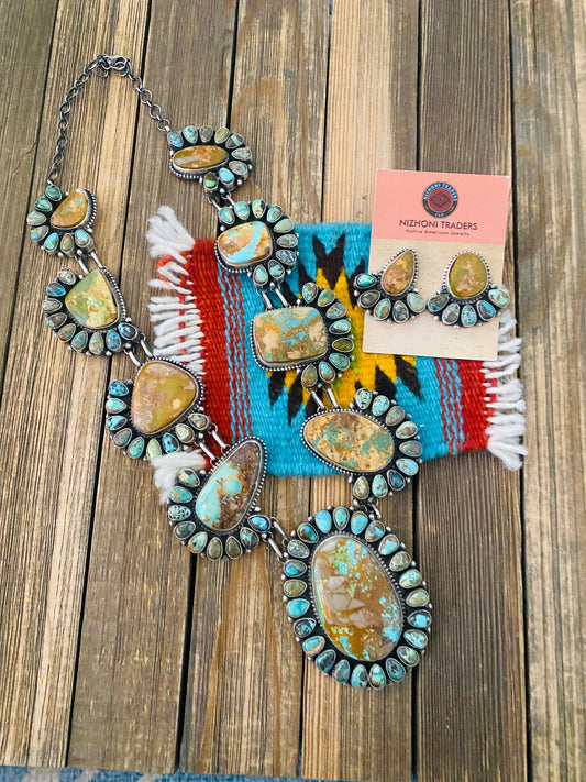 Stunning Handcrafted Sterling Silver & Royston Turquoise Necklace Set by Blaine Yellowhorse