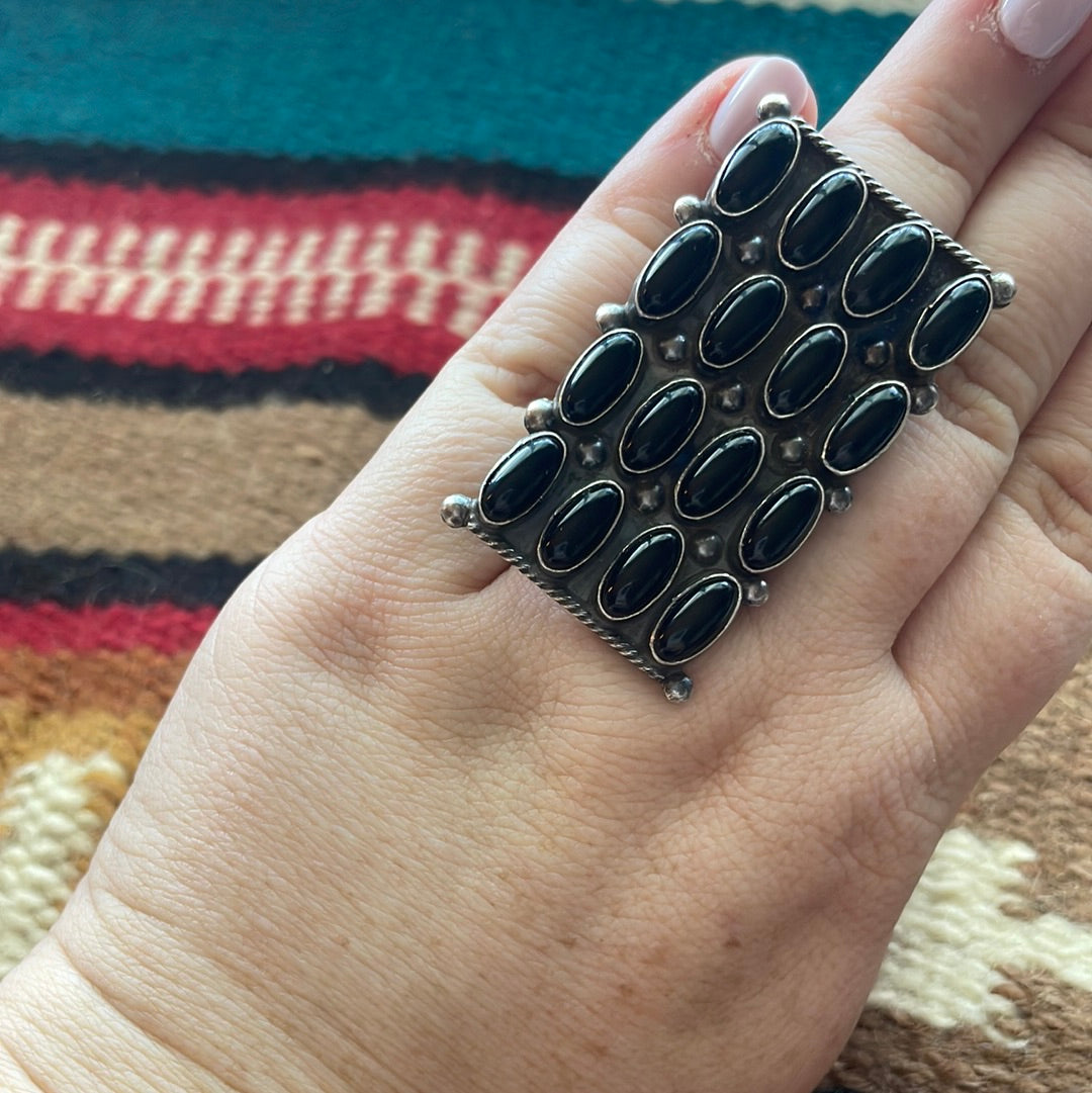 Handcrafted Sterling Silver & Black Onyx Cluster Ring Size 8 Signed Jacquline Silver